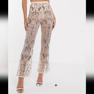 ASOS Embellished Flare Pants in Cream and Silver